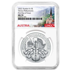 Austria 2022 €1.50 1-oz Silver Philharmonic NGC MS70 FDI Austria Label