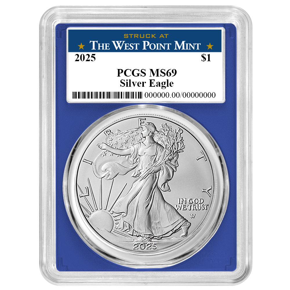 2025 $1 American Silver Eagle PCGS MS69 West Point Label Blue Frame