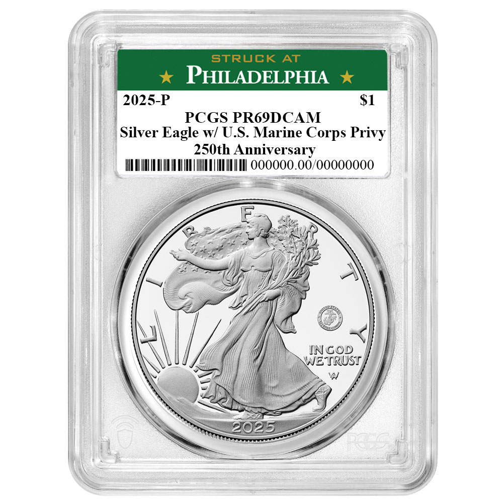 2025-P Proof $1 American Silver Eagle Marine Corps Privy PCGS PR69DCAM Philadelphia Label 250th Anniversary