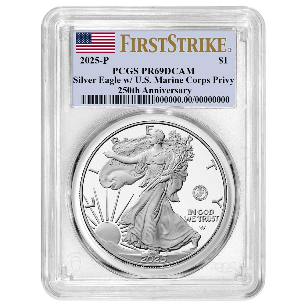 2025-P Proof $1 American Silver Eagle Marine Corps Privy PCGS PR69DCAM FS Flag Label 250th Anniversary