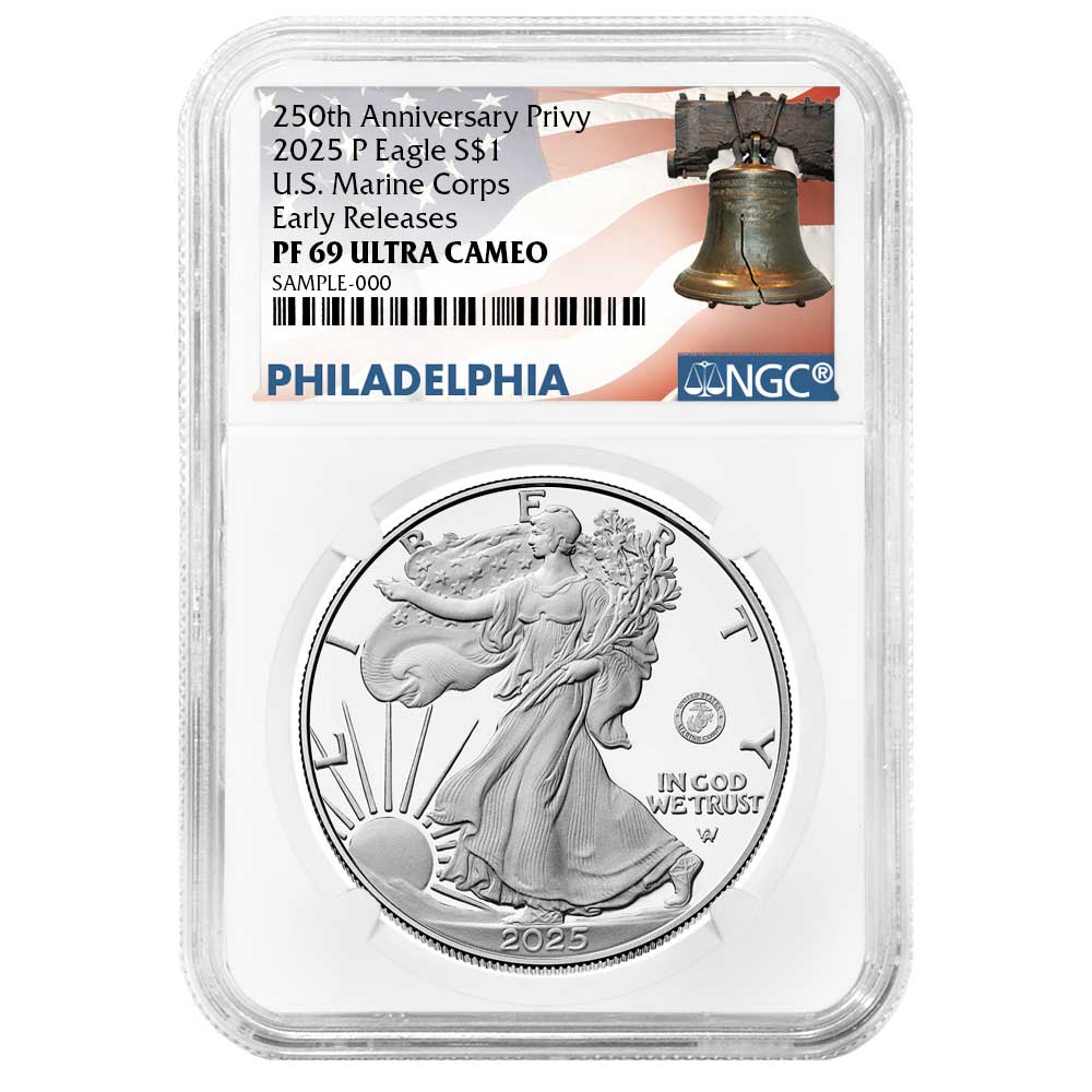 2025-P Proof $1 American Silver Eagle Marine Corps Privy NGC PF69UC ER Liberty Bell Label 250th Anniversary