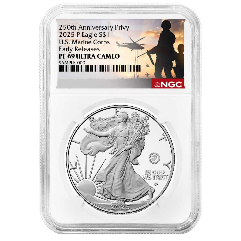 2025-P Proof $1 American Silver Eagle Marine Corps Privy NGC PF69UC ER Military Label 250th Anniversary