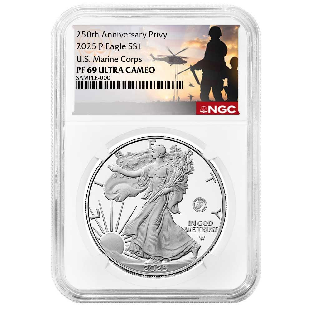 2025-P Proof $1 American Silver Eagle Marine Corps Privy NGC PF69UC Military Label 250th Anniversary