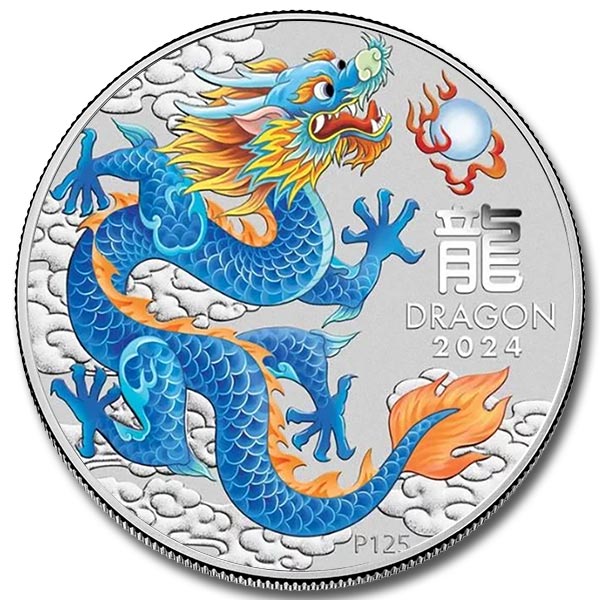 2024 Australia 1 oz Silver Lunar Colorized Blue Dragon Coin (BU in Capsule)