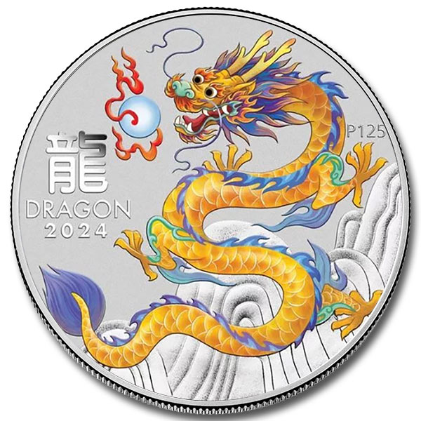 2024 Australia 1 oz Silver Lunar Colorized Yellow Dragon Coin (BU in Capsule)